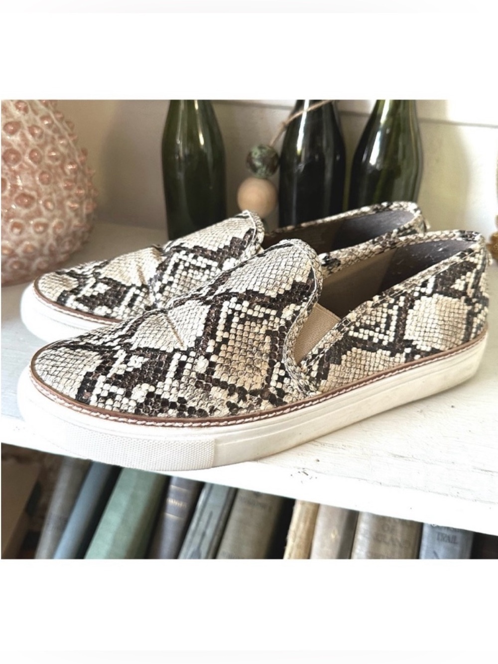 Steve Madden snake print, faux leather slip on sneakers